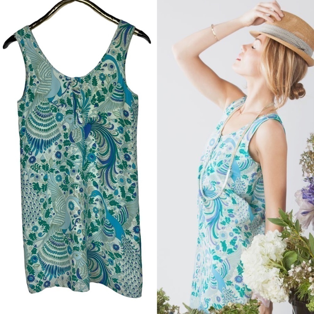 ANNIE GRIFFIN CHANDLER PEACOCK PRINT SLEEVELESS SHIFT DRESS